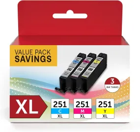 3 Pack Color Compatible Canon CLI-251XL High Yield Pigment CMY Ink Cartridges  Cyan  Magenta  Yellow