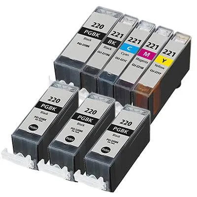 8 Pack Canon PGI-220 CLI-221 Ink Cartridges (4x Large Black Pgi-220   1X each Cli-221 color)- Compatible