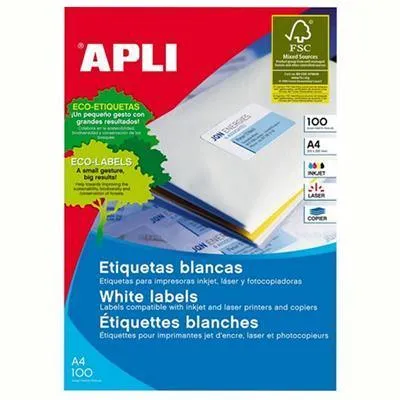 Apli 1264 General Use Labels Square Corners 2Up 210 X 148.0Mm A4 White 100 Sheets