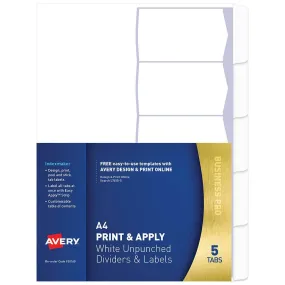Avery 930160 L7455-5 Print & Apply A4 With Easy Apply Labels 5 Tab Unpunched