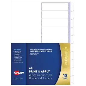 Avery 930161 L7455-10 Divider Unpunched Print & Apply 1-10 Tab A4 White