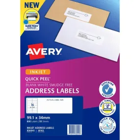 Avery 936045 J8162 Quick Peel Address Label With Sure Feed Inkjet 16Up White Pack 50