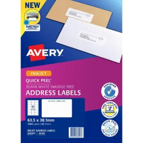 Avery 936047 J8160 Quick Peel Address Label With Sure Feed Inkjet 21Up White Pack 50