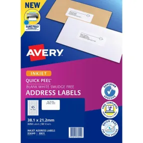 Avery 936049 J8651 Quick Peel Address Label With Sure Feed Inkjet 65Up White Pack 50