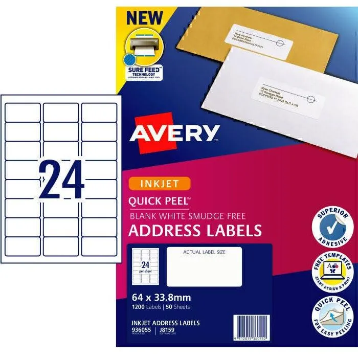 Avery 936055 J8159 Quick Peel Address Label With Sure Feed Inkjet 24Up White Pack 50