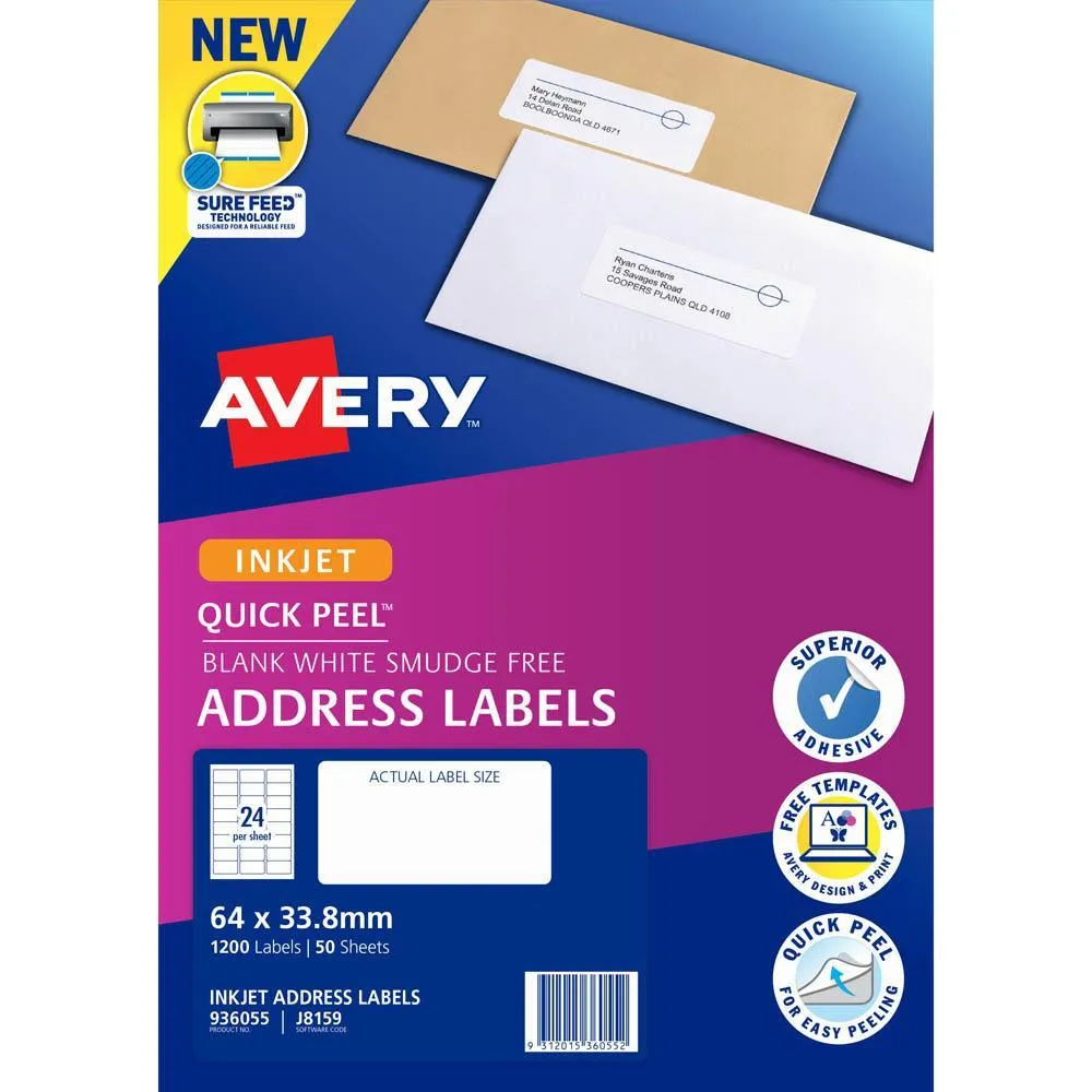Avery 936055 J8159 Quick Peel Address Label With Sure Feed Inkjet 24Up White Pack 50