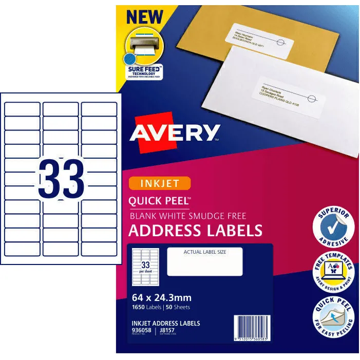 Avery 936058 J8157 Quick Peel Address Label Inkjet 33/Page White 50 Sheets Pack 4