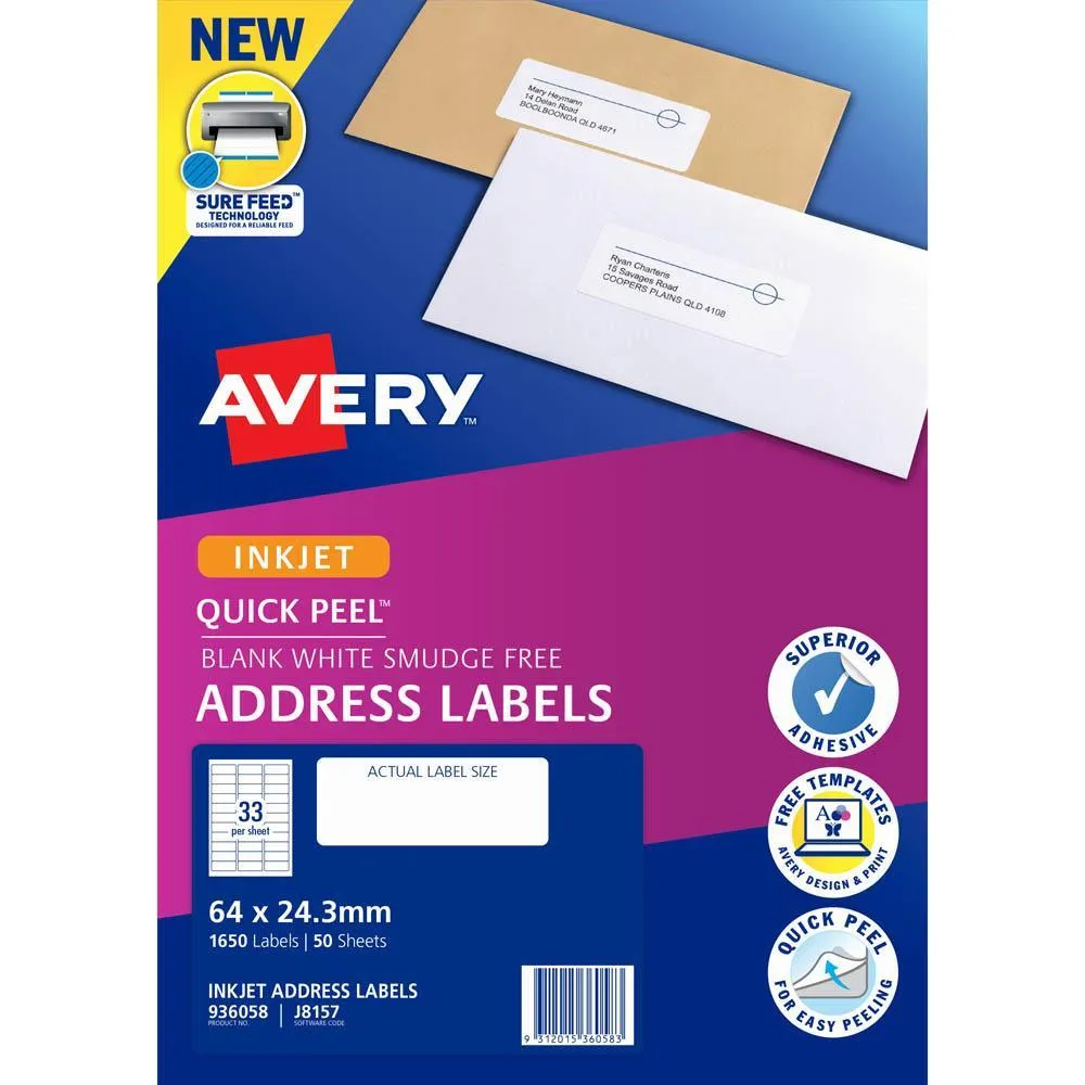 Avery 936058 J8157 Quick Peel Address Label Inkjet 33/Page White 50 Sheets Pack 4