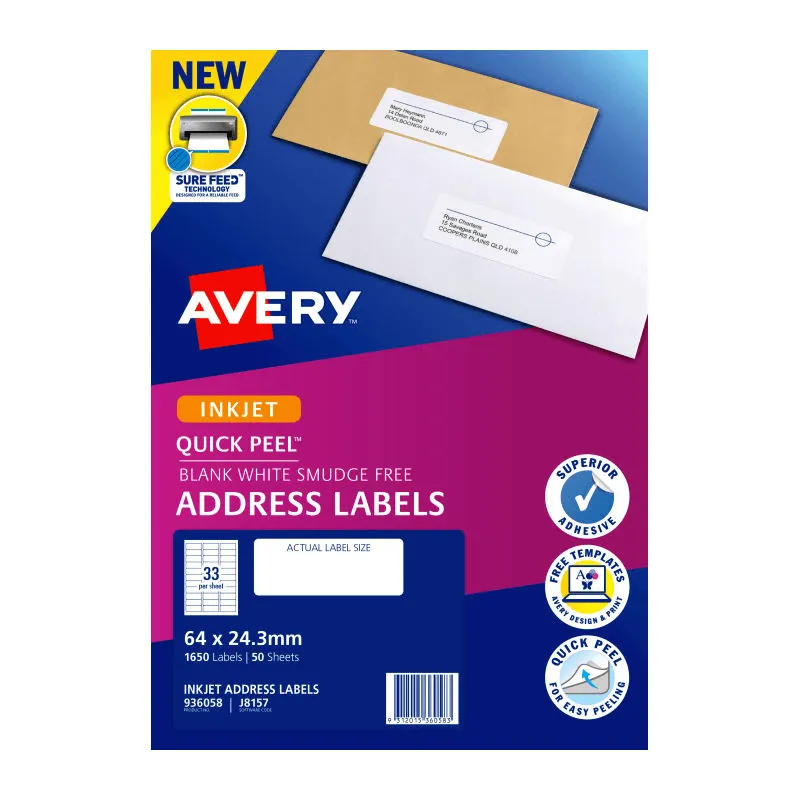 Avery 936058 J8157 Quick Peel Address Label Inkjet 33/Page White 50 Sheets Pack 4