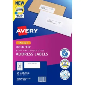 Avery 936059 J8157 Quick Peel Address Label With Sure Feed Inkjet 33Up White Pack 25