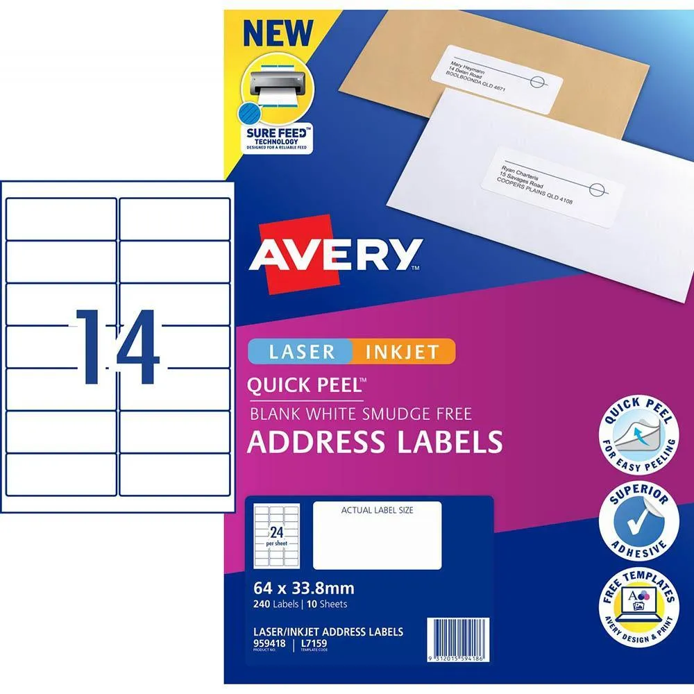 Avery 959417 L7163 Quick Peel Address Label With Sure Feed Laser 14Up White Pack 10