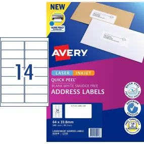 Avery 959417 L7163 Quick Peel Address Label With Sure Feed Laser 14Up White Pack 10