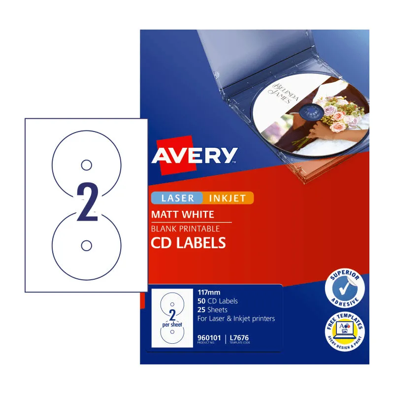 Avery 960101 L7676 Laser Labels White CD/DVD 2/Page 25 Sheets Pack 4