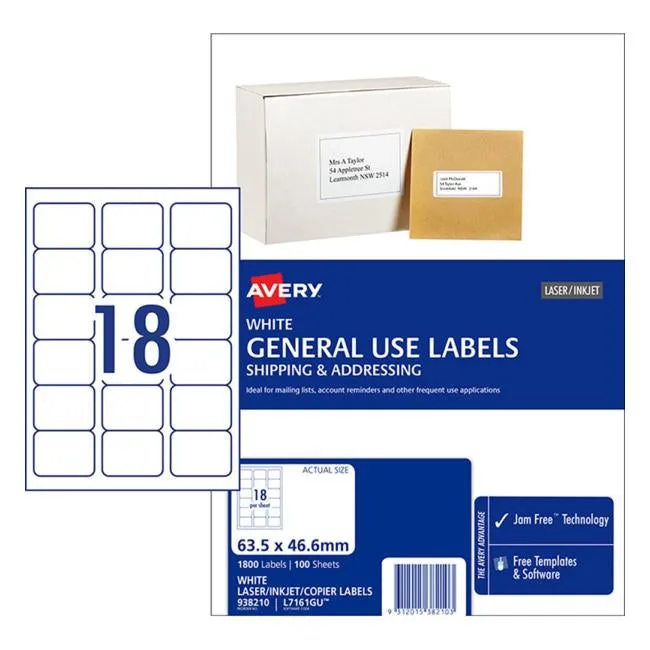 Avery Label L7161 General Use A4 18/Sheet 100 Sheets