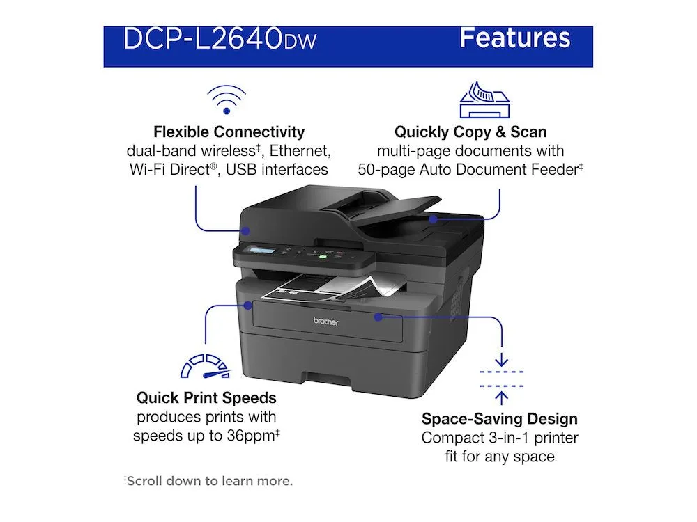 Brother DCP-L2640DW Monochrome Multi-Function Laser Printer, Copy, Scan, Duplex and Mobile Printing