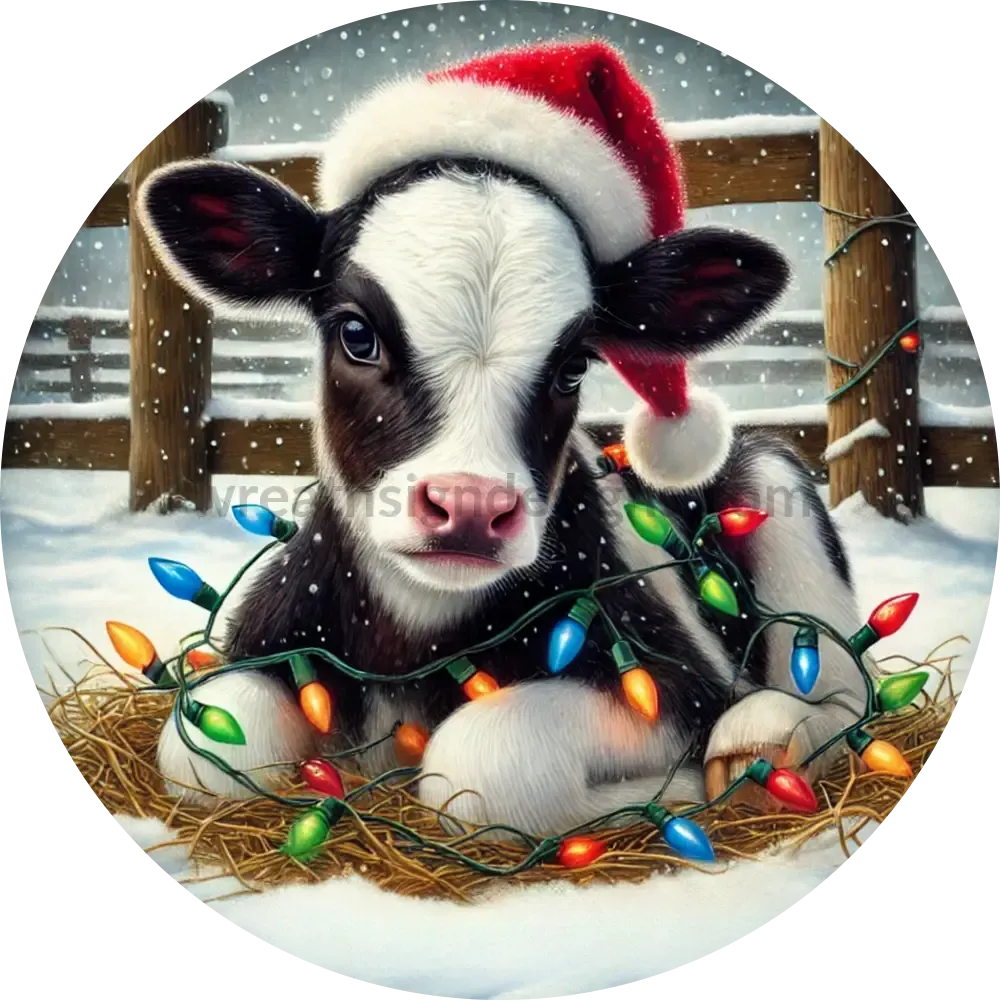 Christmas Lights Cow Sign-  Christmas Cow wreath Sign