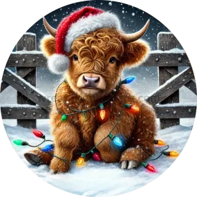 Christmas Lights Highland Cow Sign-  Christmas Cow wreath Sign