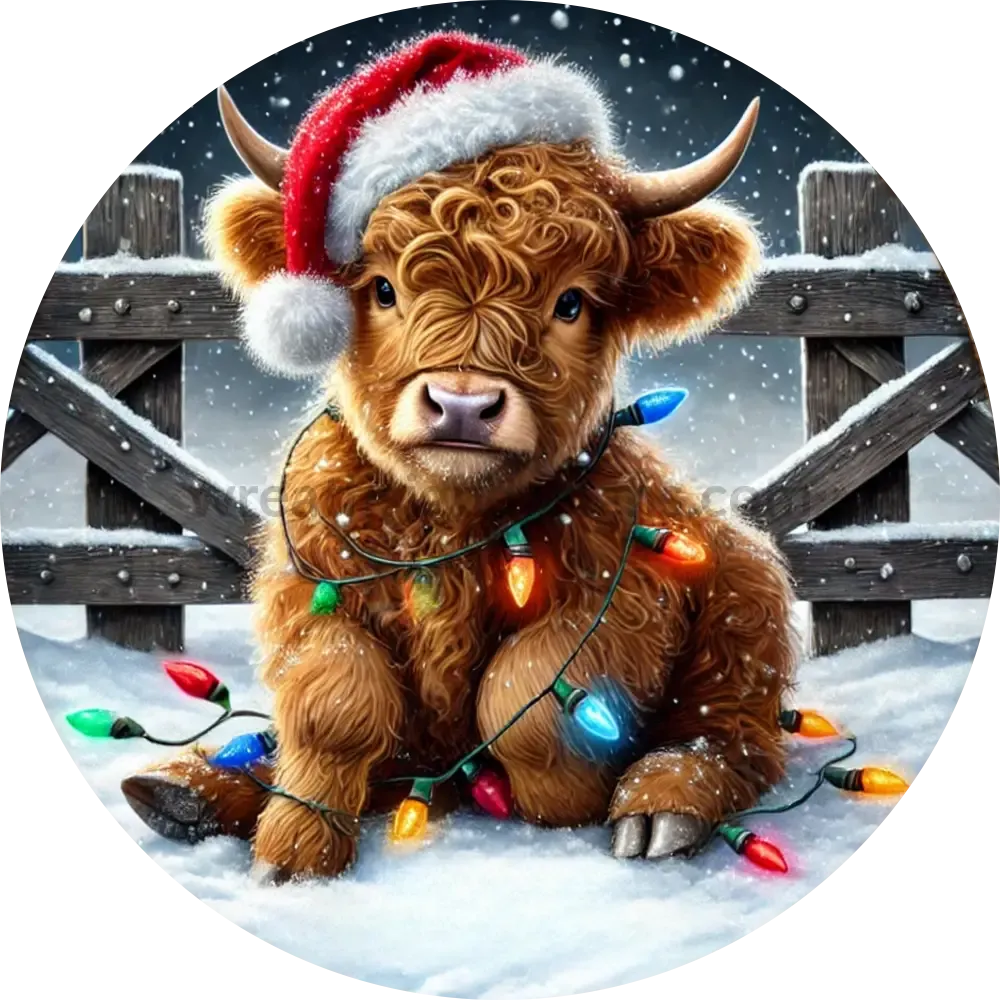 Christmas Lights Highland Cow Sign-  Christmas Cow wreath Sign