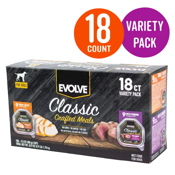 Classic Crafted Meals Wet Dog Food Variety Pack with Turkey & Venison | 3.5 oz - 18 pk | Evolve