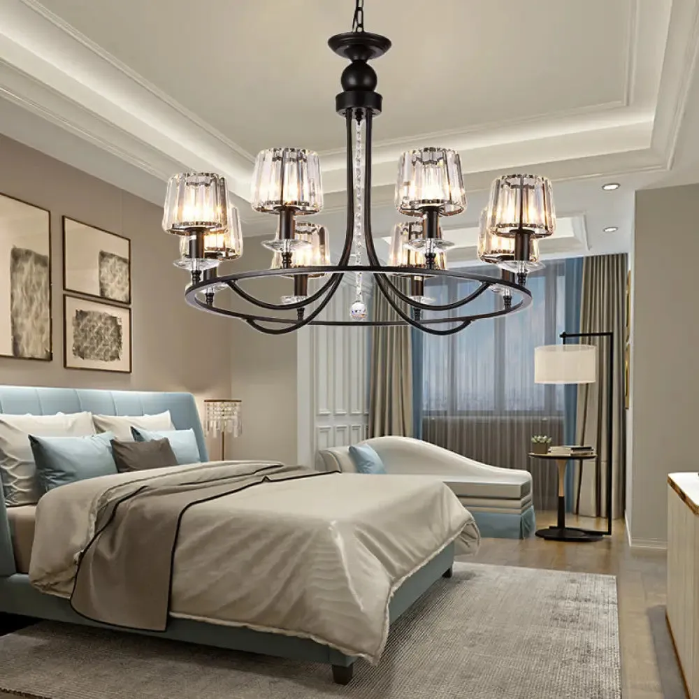 Contemporary Crystal Chandelier - 4/6/8 Lights Circle Hanging Light in Black for Bedroom