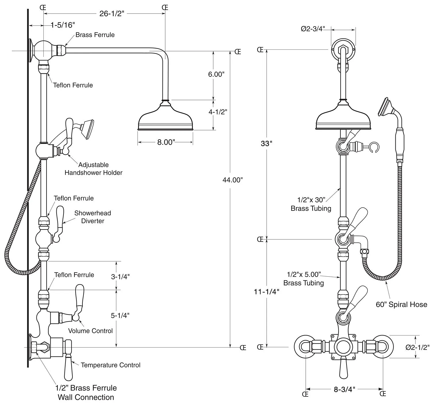 Coventry Brassworks Luxury 1/2" Exposed Thermostatic Shower System with 8" Shower Head, Built In Diverter, and Standard Hand Shower with Lever Handle