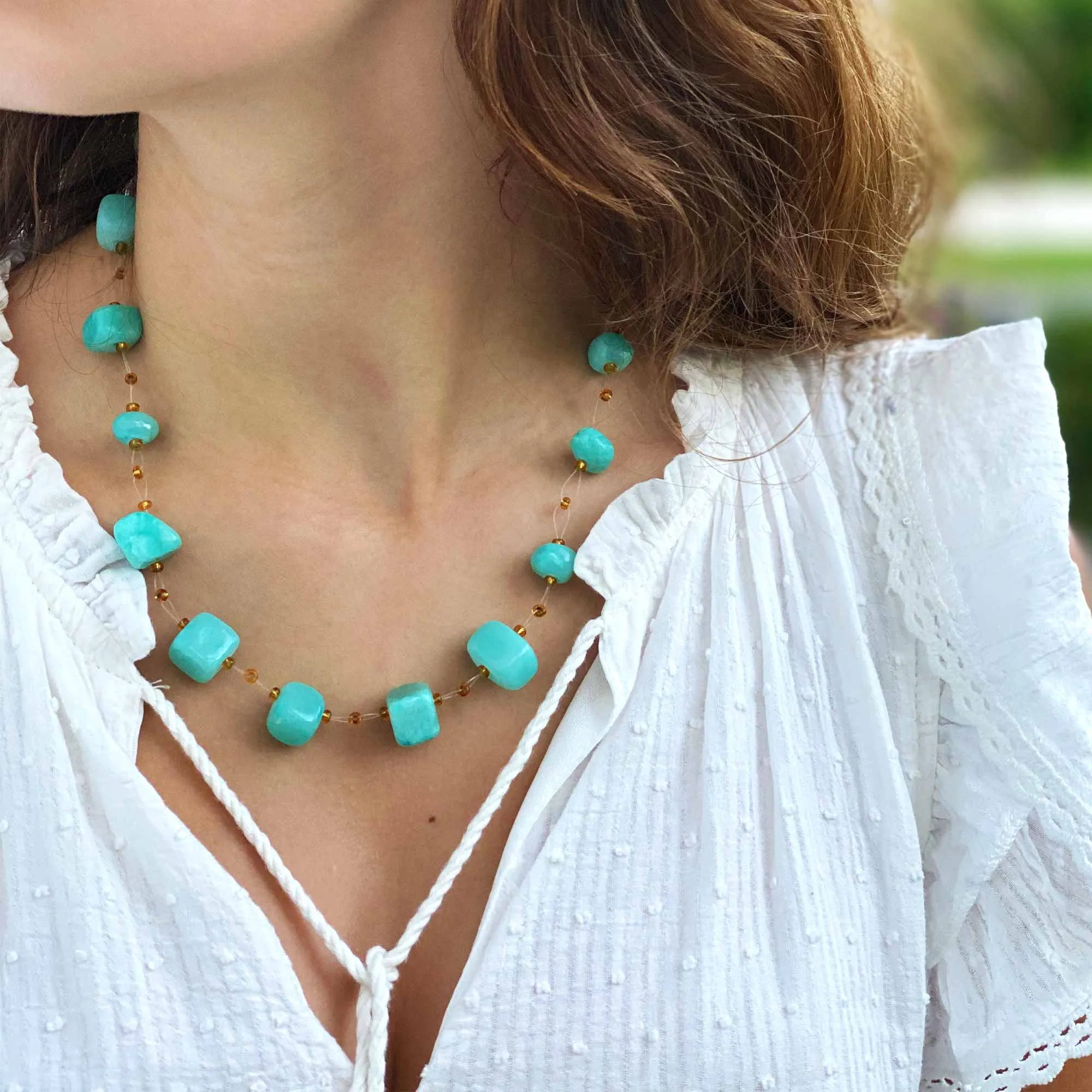 Floating Stone & Maasai Bead Necklace Turquoise