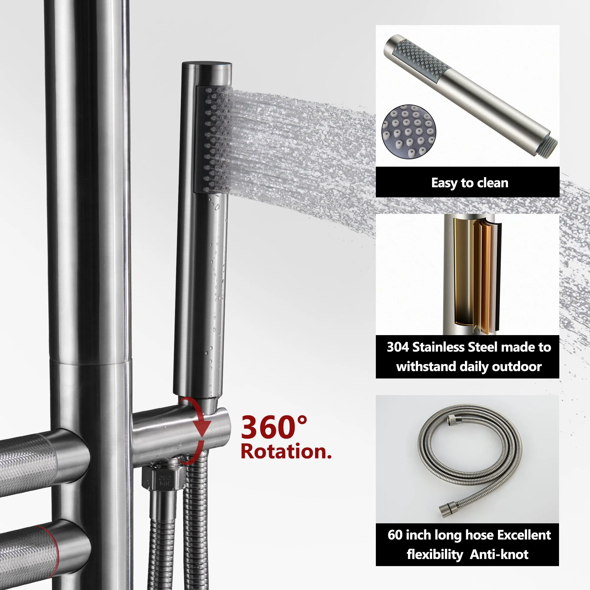 Freestanding Swimming Pool Outdoor Shower with Hand Shower Brushed Nickel JK0089