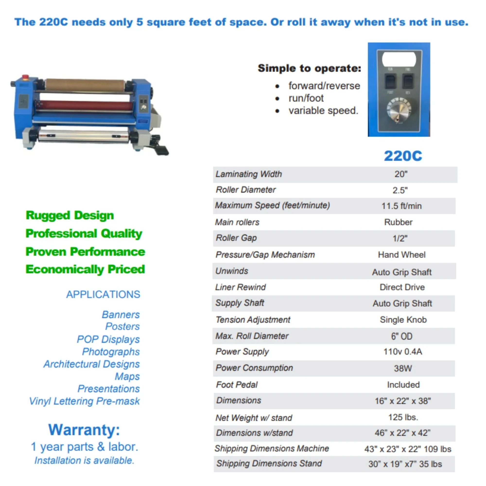 GFP 220-C Compact Tabletop Cold Roll Laminator w/ Stand - 20"