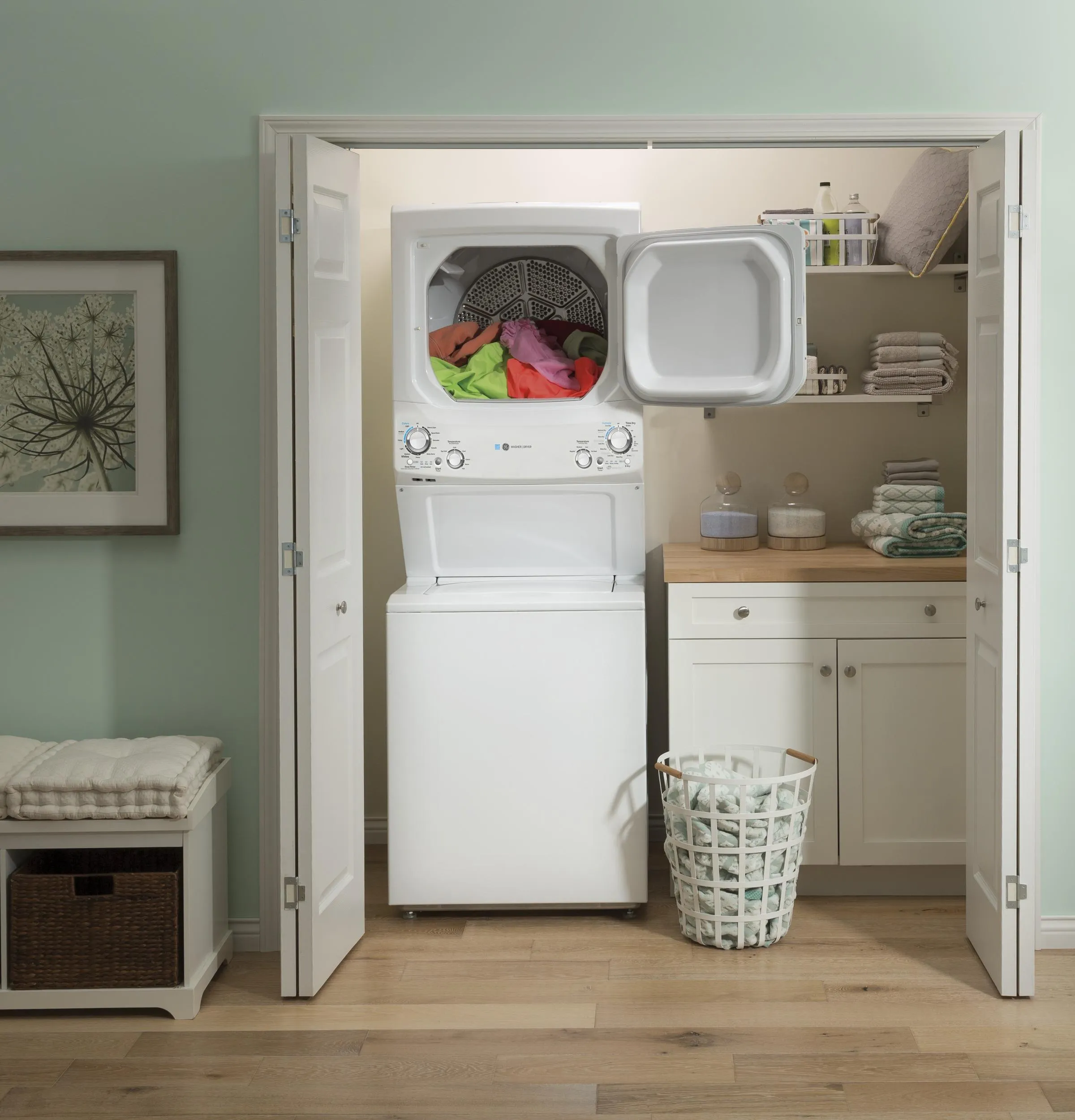 GUD27GESNWW GE Unitized Spacemaker® ENERGY STAR® 3.9 cu. ft. Capacity Washer with Stainless Steel Basket and 5.9 cu. ft. Capacity Gas Dryer