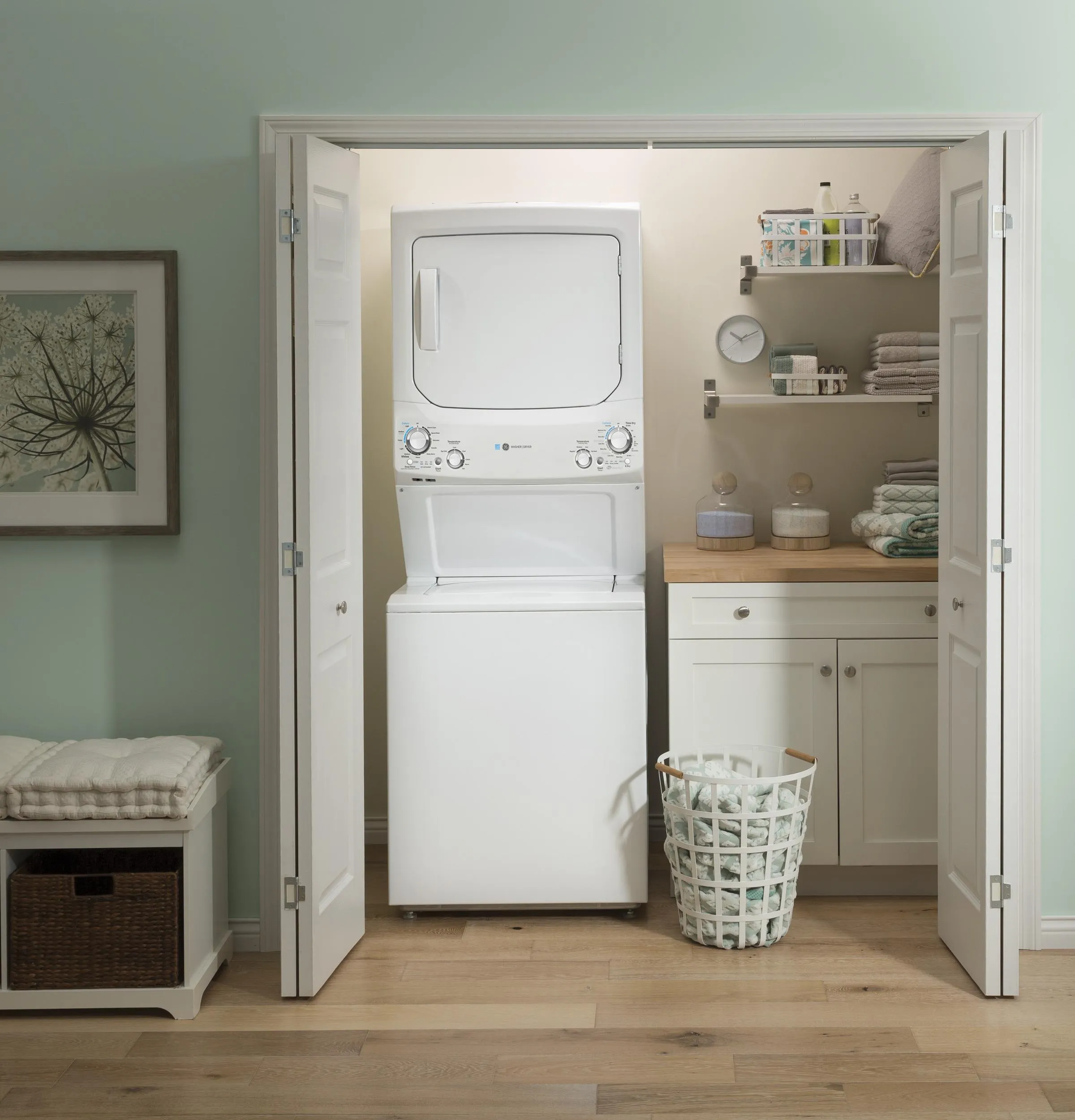 GUD27GESNWW GE Unitized Spacemaker® ENERGY STAR® 3.9 cu. ft. Capacity Washer with Stainless Steel Basket and 5.9 cu. ft. Capacity Gas Dryer