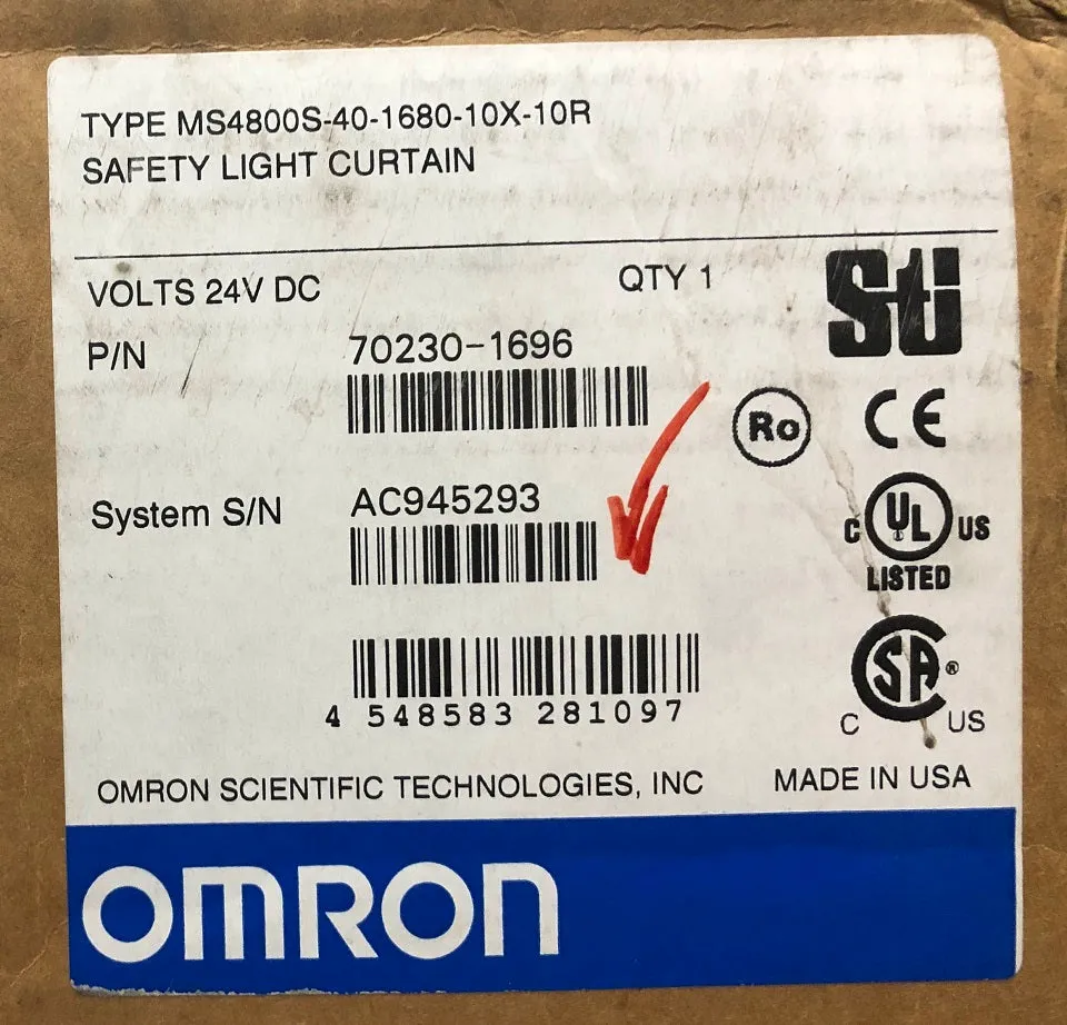 Omron 24VDC Type MS4800S-40-1680-10X-10R Safety Light Curtain