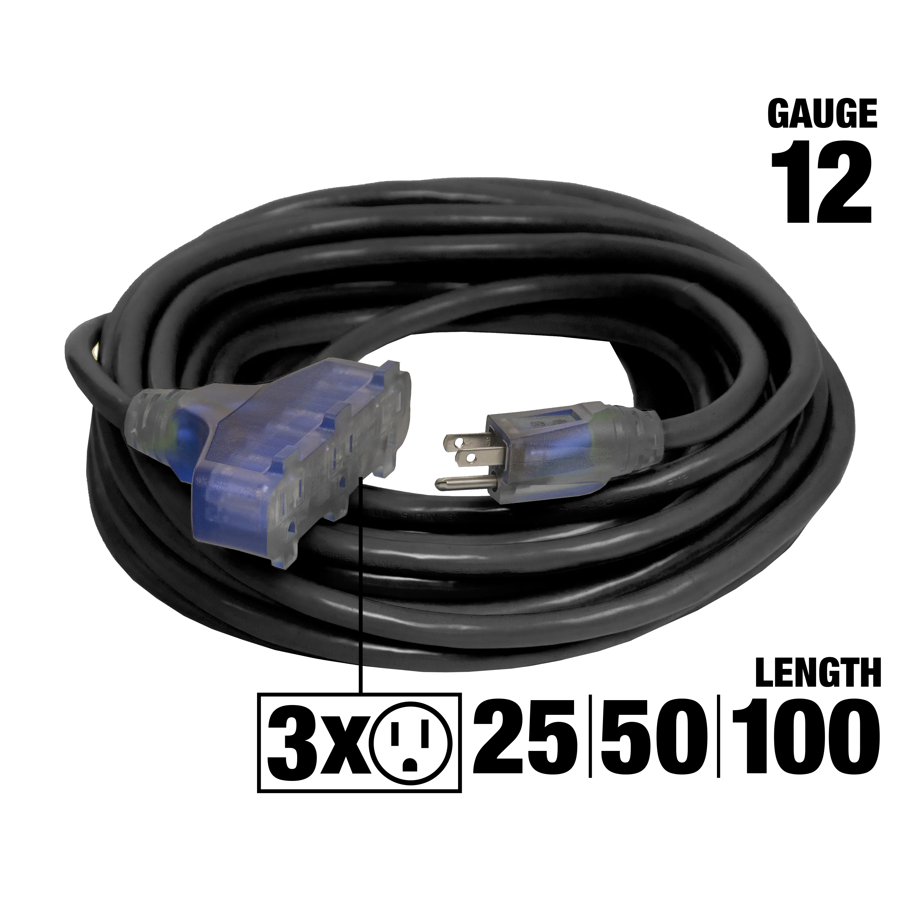 Outdoor Dual Lighted 3-Outlet Extension Cord w/ Safety CGM