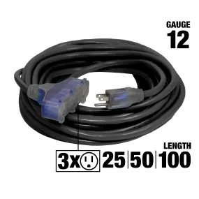 Outdoor Dual Lighted 3-Outlet Extension Cord w/ Safety CGM