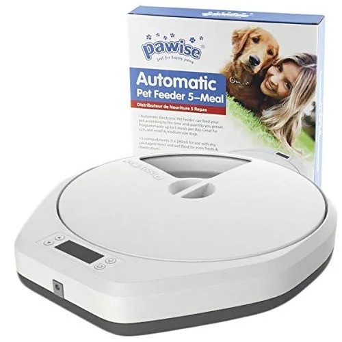 PAWISE Automatic Pet Feeder for Dogs and Cats, 5 Meal Trays Dry Wet Food, Auto Pet Food Dispenser Programmed Timer Voice Recording Function, 5 x 240ml