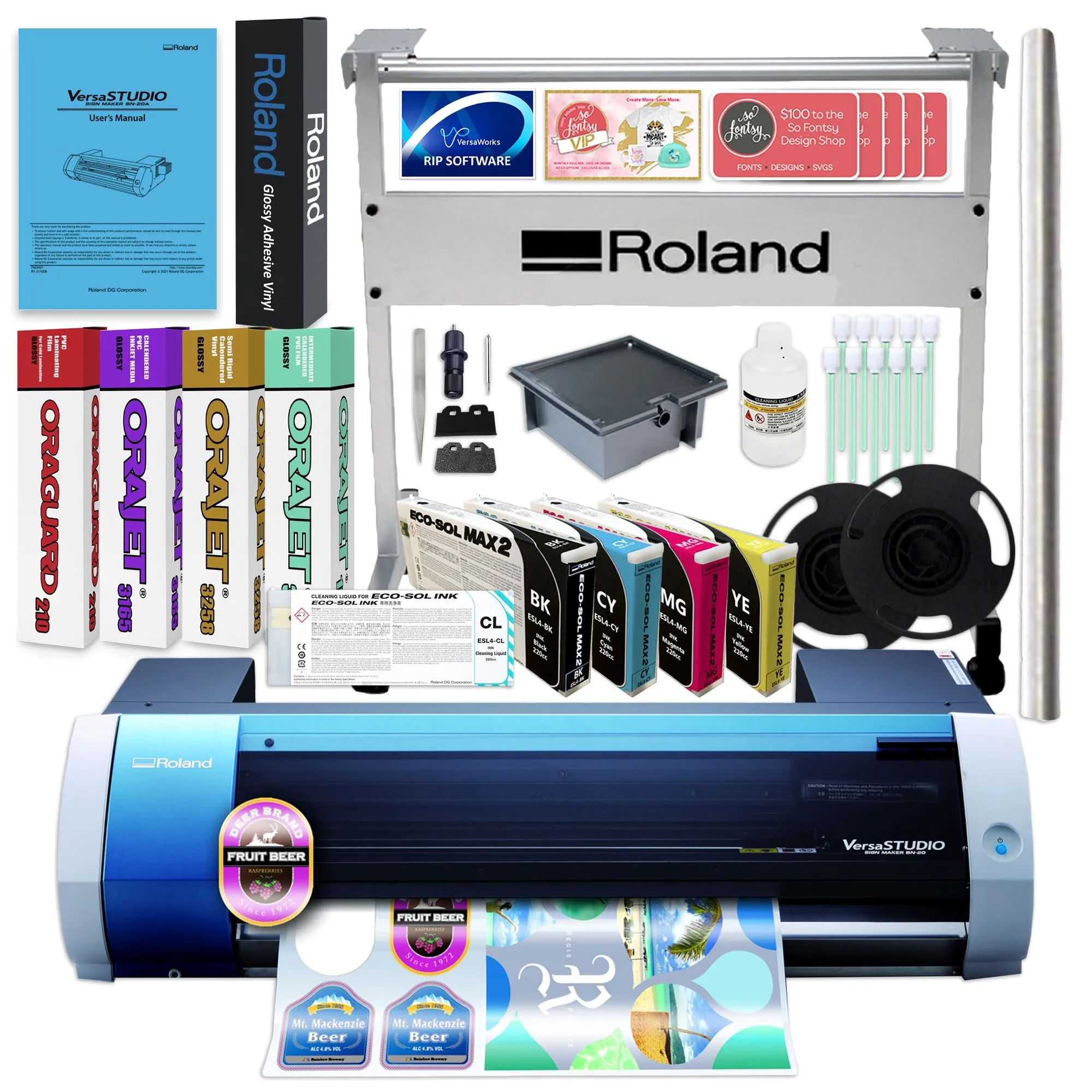 Roland BN-20A Desktop 20" Eco-Solvent Printer & Cutter w/ CMYK, Media & Stand
