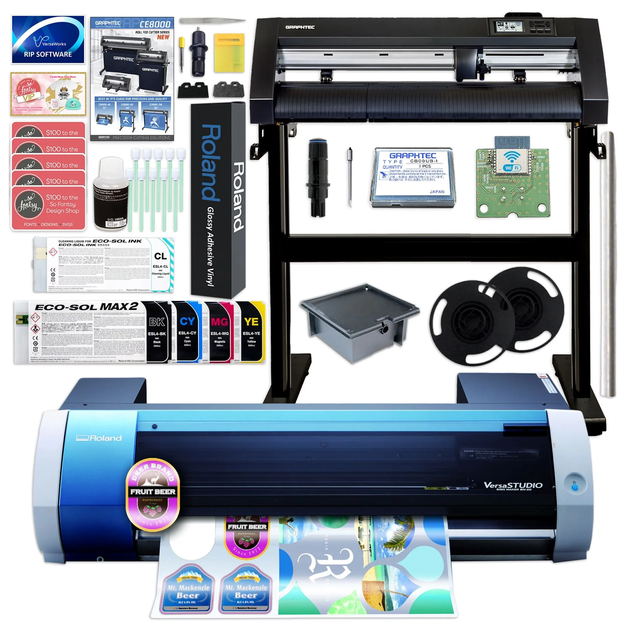 Roland BN-20A Desktop 20" Eco-Solvent Printer w/ CMYK Inks & Graphtec CE8000-60