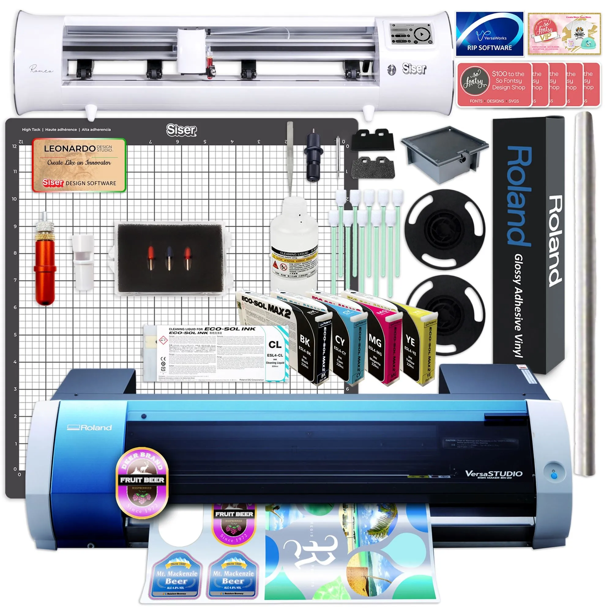 Roland BN-20A Eco-Solvent 20" Printer & Cutter w/ CMYK Inks & Siser Romeo