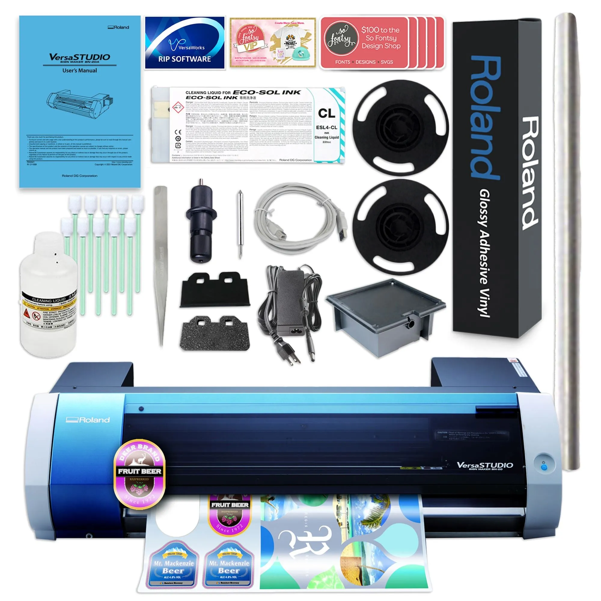 Roland BN-20A Eco-Solvent 20" Printer & Cutter w/ CMYK Inks & Siser Romeo