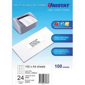 Unistat 38933 Multi-Purpose Labels 24/Sheet 70x36mm White Pack 100