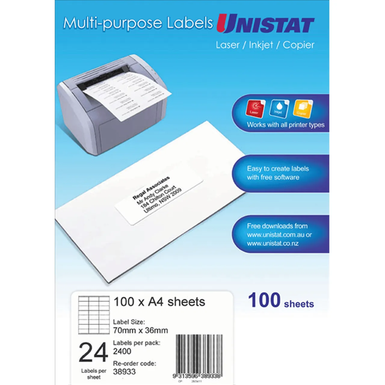 Unistat 38933 Multi-Purpose Labels 24/Sheet 70x36mm White Pack 100