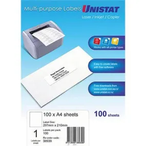 Unistat 38939 Multi-Purpose Label 1Up 297 X 210Mm White Pack 100