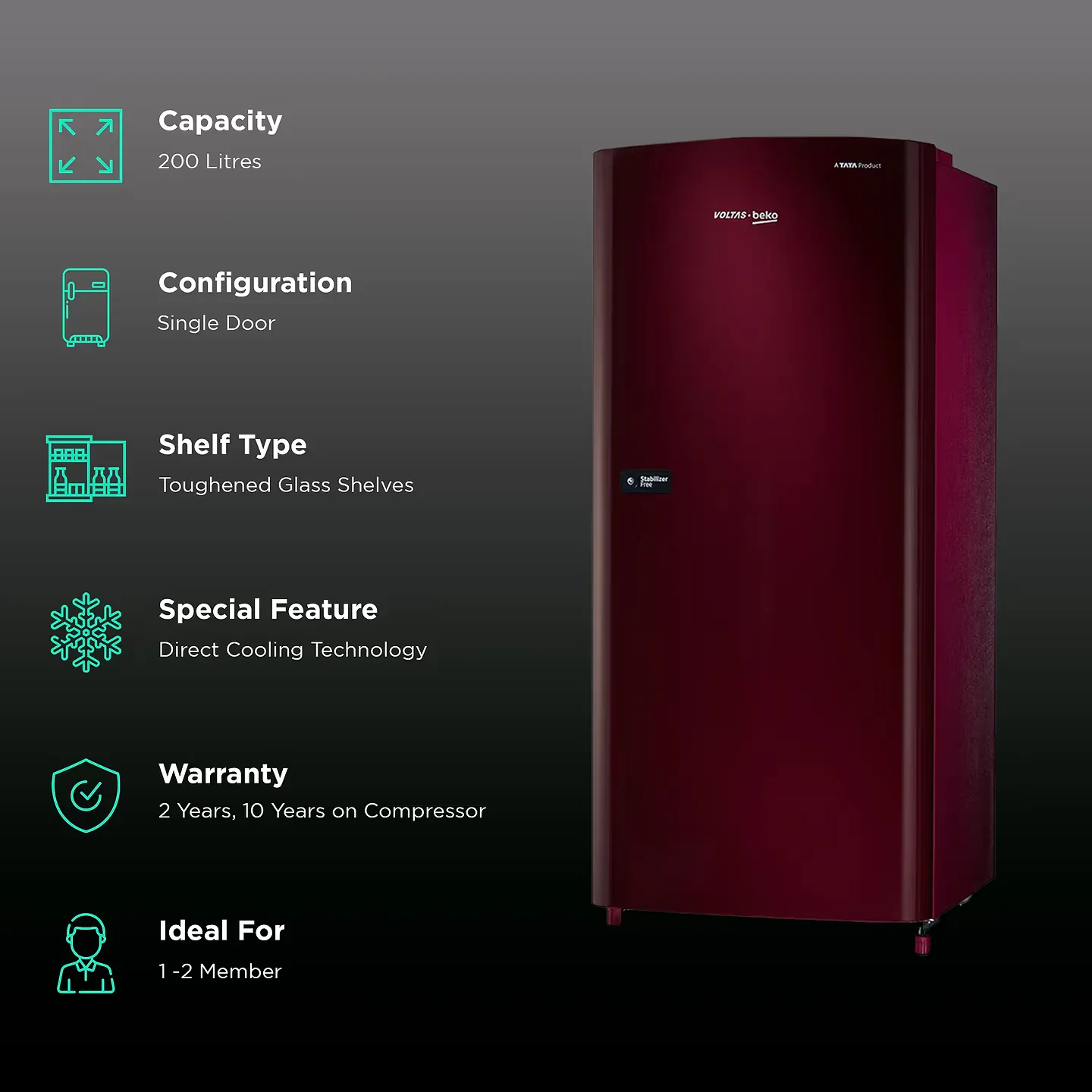 Voltas Beko 200 Litres 3 Star Direct Cool Single Door Refrigerator RDC220C54/XWEXXXXXG, Wine