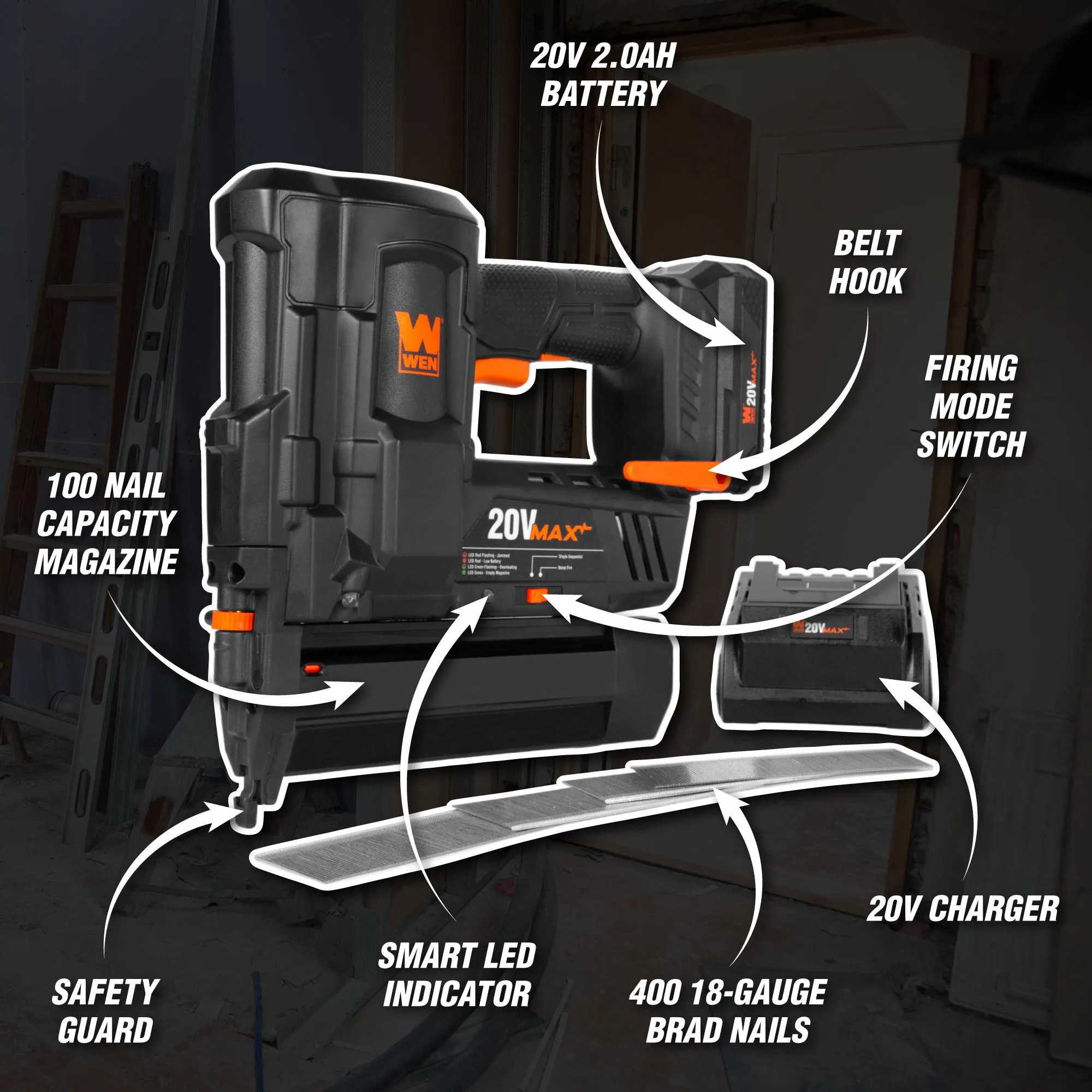 WEN 20512 20V Max Cordless 18-Gauge Brad Nailer with 2.0Ah Battery and Charger