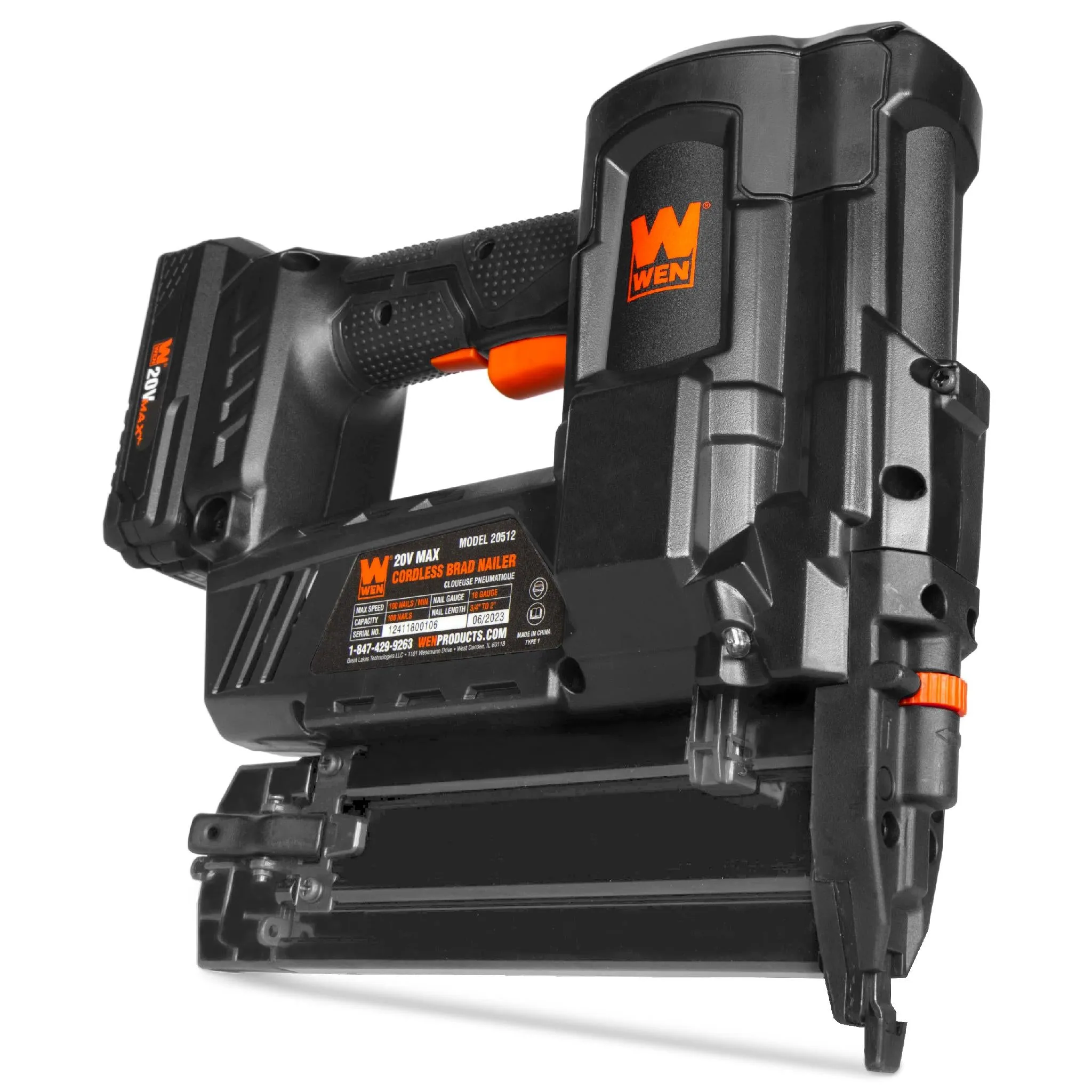 WEN 20512 20V Max Cordless 18-Gauge Brad Nailer with 2.0Ah Battery and Charger
