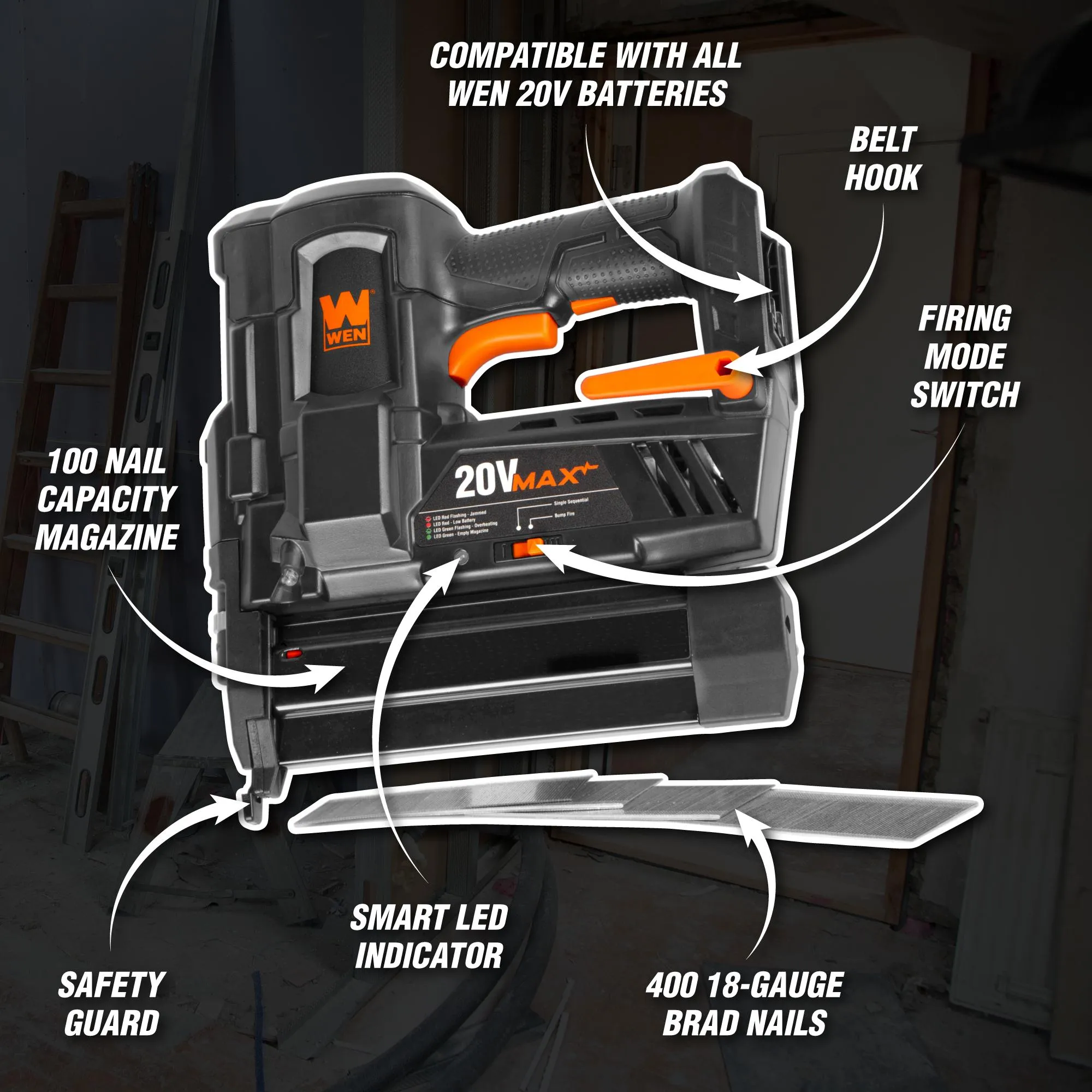 WEN 20512BT 20V Max Cordless 18-Gauge Brad Nailer (Tool Only – Battery Not Included)