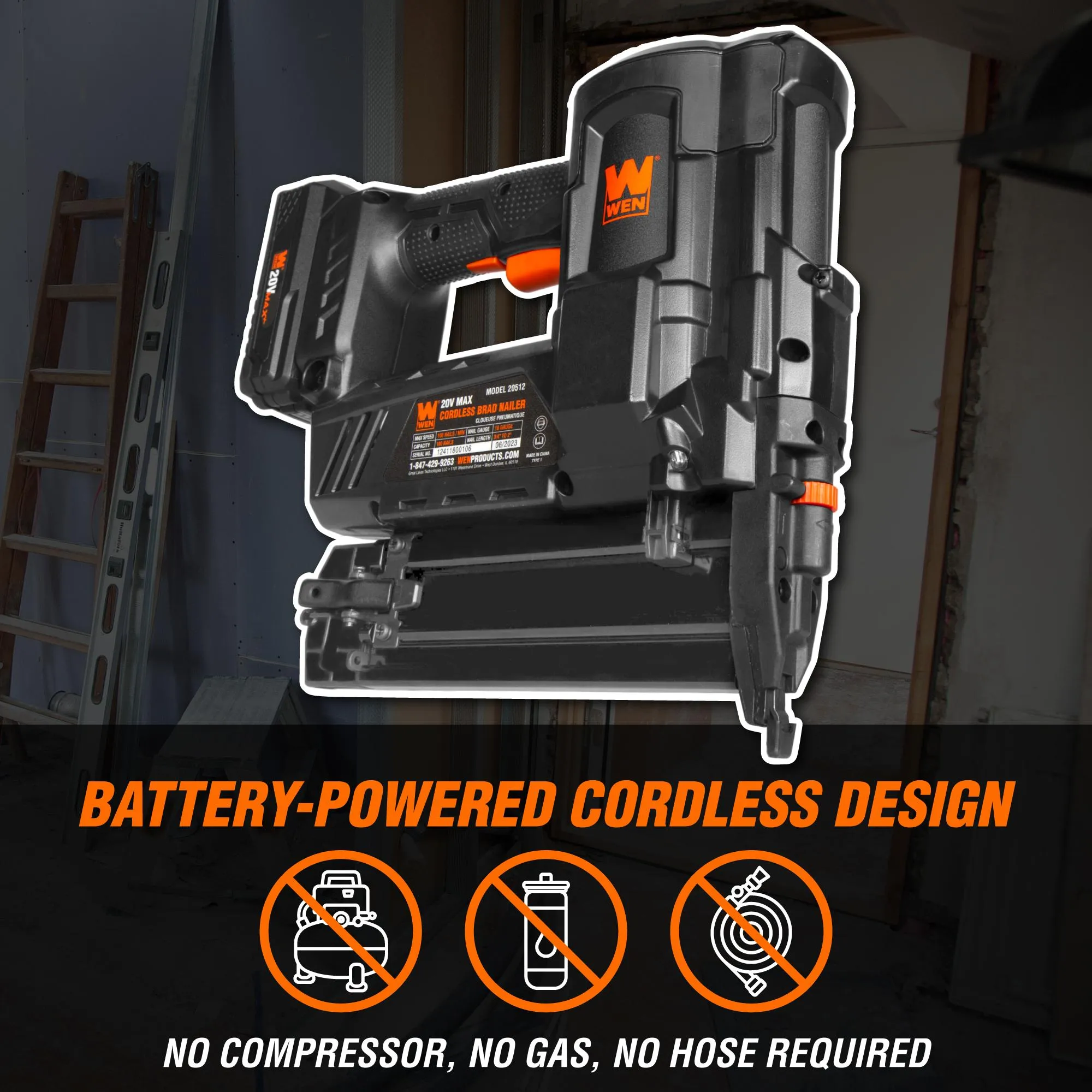WEN 20512BT 20V Max Cordless 18-Gauge Brad Nailer (Tool Only – Battery Not Included)