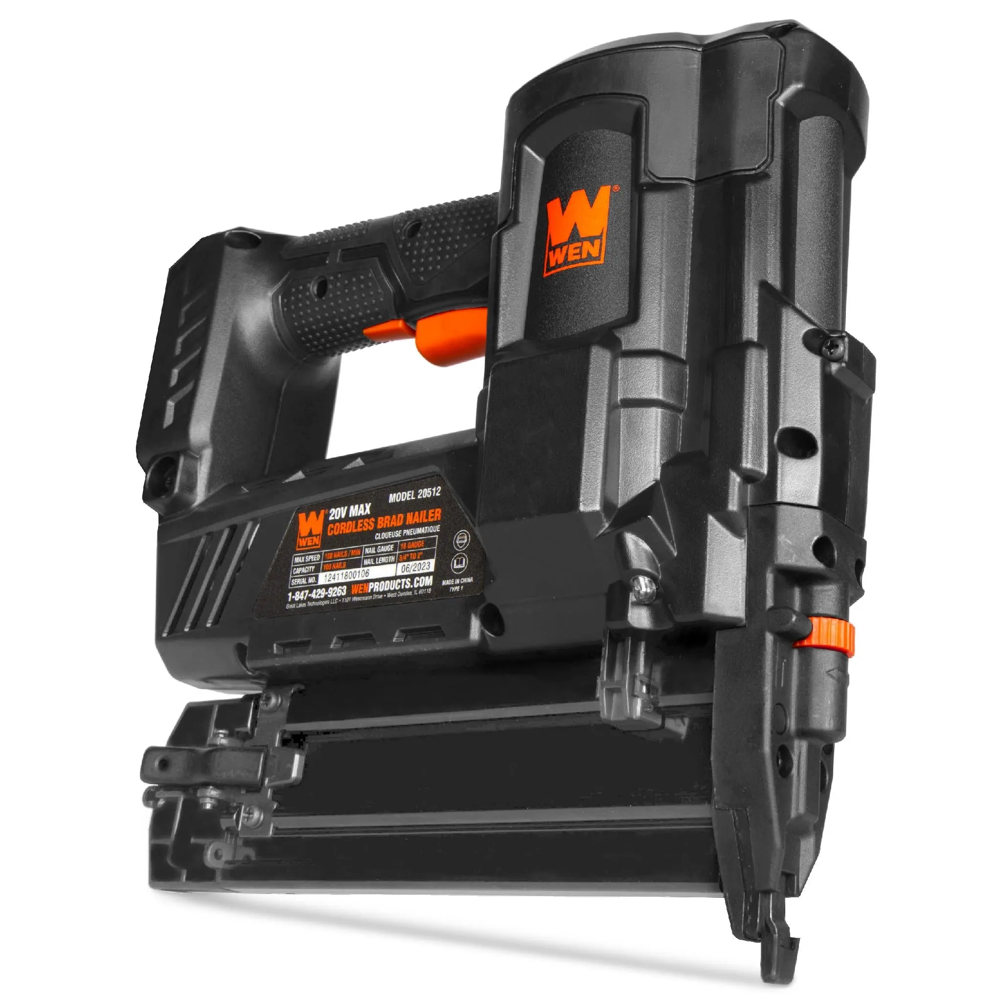 WEN 20512BT 20V Max Cordless 18-Gauge Brad Nailer (Tool Only – Battery Not Included)
