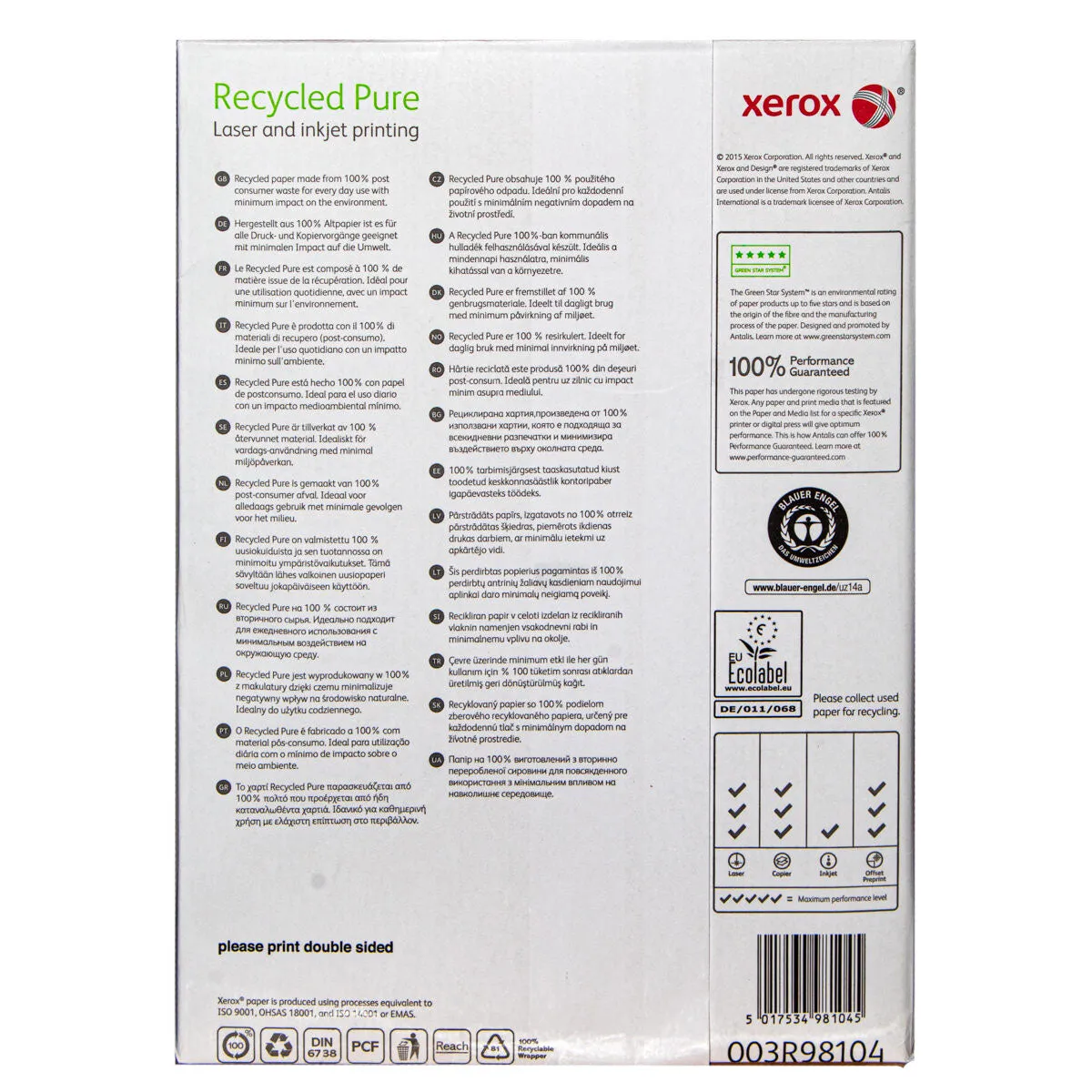 Xerox Recycled Pure Laser and Inkjet Printing A4 Paper 80gsm 500 Sheets